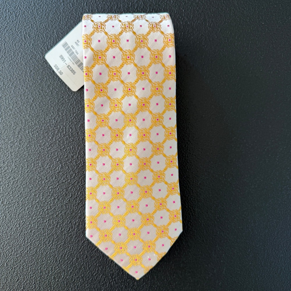 NWT Bruno Marchesi Necktie Mens Cream Yellow Pink Silk Geometric Tie MSRP $59.50